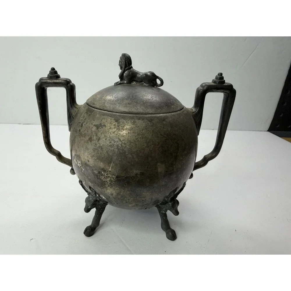 Antique Simpson Hall Miller Sphinx Deer Heads Silver Plate‎ Sugar Bowl Engraved